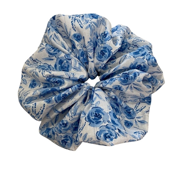 Floral Hair Scrunchie. Blue/White . XL. Cottagecore. Spring. Easter. Summer - Picture 1 of 6